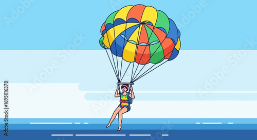 Illustration of a person parasailing over the ocean on a sunny day