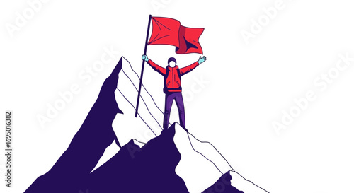 Illustration of a person on top of a mountain holding a flag with success concept