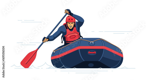 Illustration of a person rafting down a river with a red paddle and safety gear