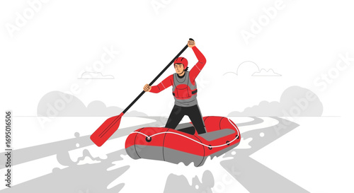 Illustration of a Person Rafting on a River with a Paddle in Hand, Vector Style