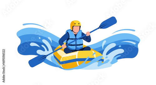 Illustration of a person rafting on a yellow inflatable boat on a blue wave no comma