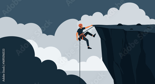 Illustration of a person rappelling down a cliff face in a graphic design