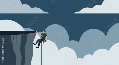 Illustration of a person rappelling down a cliff face, adventure in the mountains