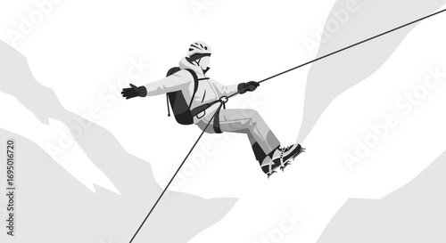 Illustration of a person rappelling on a mountain using climbing equipment