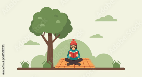 Illustration of a person reading a book peacefully under a tree in the park