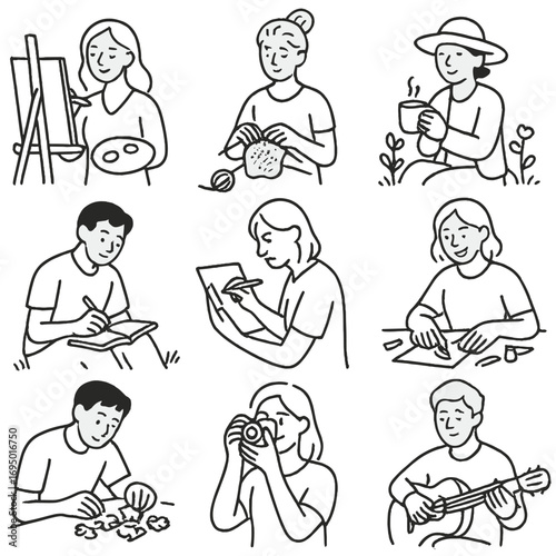 Hobby Icons Ensemble. Line style icons of people enjoying hobbies: painting in peaceful pose, knitting while seated, gardening