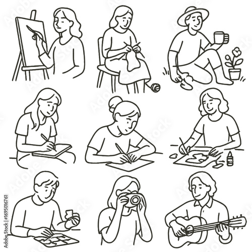 Hobby Icons Ensemble. Line style icons of people enjoying hobbies: painting in peaceful pose, knitting while seated, gardening