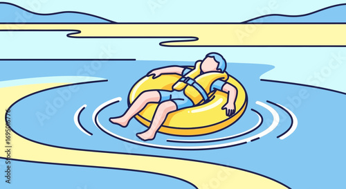 Illustration of a person relaxing on a tube in the water wearing a life vest