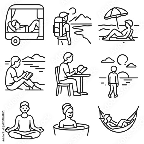 Solo Getaway Icons. Line style icons of solo getaway relaxation: person in camper van bed, backpacker at overlook, solo beach rest