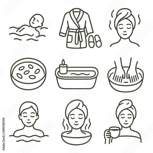 Floating Spa Serenity. Line style icons of floating rest and spa leisure: person on back in warm water, spa robe with slippers,