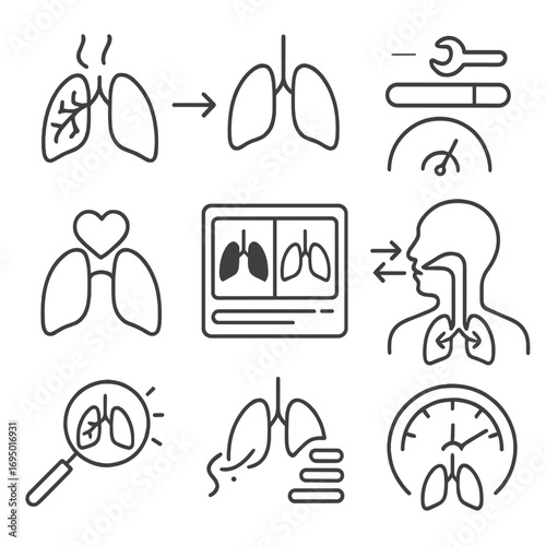 Lung Recovery Icons. Line style icons of lungs before and after quitting: dark lung side, clean lung outline, arrow from smoke to