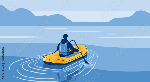 Illustration of a person rowing a boat on water with mountains in the background