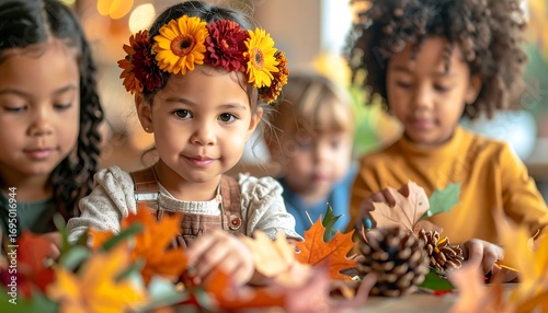 Children crafting with fall leaves and pinecones