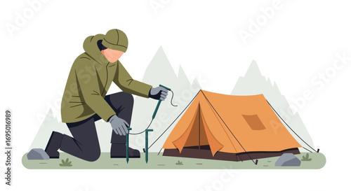Illustration of a person setting up an orange tent during a camping trip adventure
