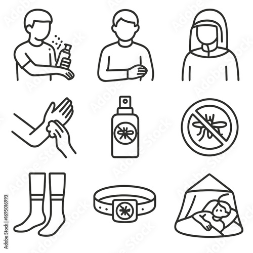 Mosquito Protection Icons. Line style icons of personal mosquito protection: person applying repellent, wearing long sleeves,