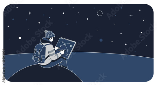 Illustration of a person sketching constellations on a notebook under a starry night sky