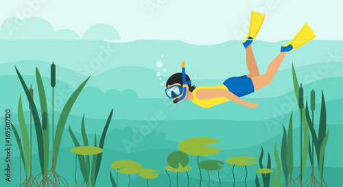 Illustration of a person snorkeling or diving in a lake surrounded by aquatic plants