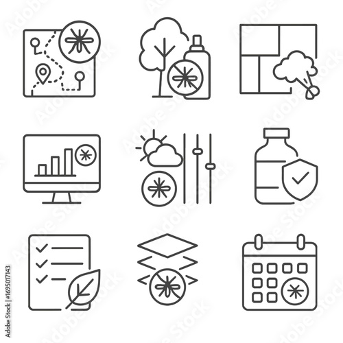 Mosquito Pest Control Icons. Line style icons of integrated pest management (IPM) for mosquitoes: pest map review icon,