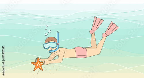 Illustration of a person snorkeling underwater looking at a starfish on the ocean floor