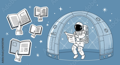 An astronaut inside a habitat reads a mission log with floating books in space illustration