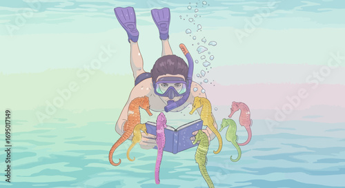 Illustration of a person snorkeling reading a book surrounded by seahorses in the ocean