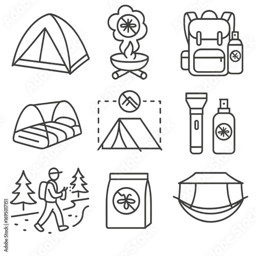 Mosquito Safety Icons. Line style icons of mosquito safety during camping: zipped tent icon, fire pit with repellent smoke,