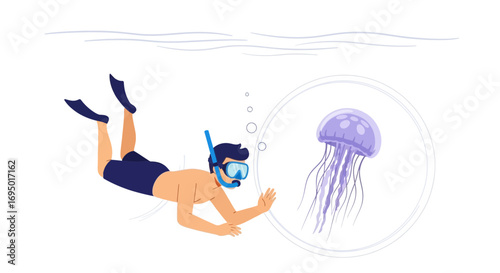 Illustration of a person snorkeling underwater observing a jellyfish swimming