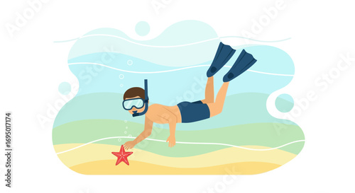 Illustration of a person snorkeling underwater reaching for a starfish in the ocean