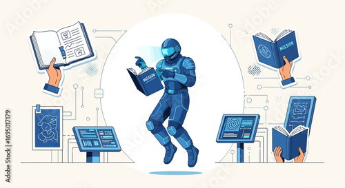 An astronaut is reading a book about a mission and learning about space exploration