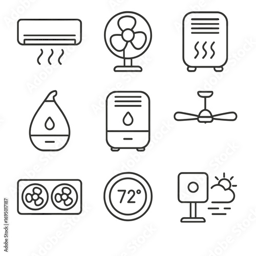 Climate Device Icons. Line style icons of climate and air devices: air conditioner, wall-mounted fan, portable heater, air