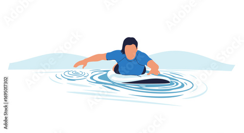 Illustration of a Person Surfing on a Board in the Water with Simple Flat Design