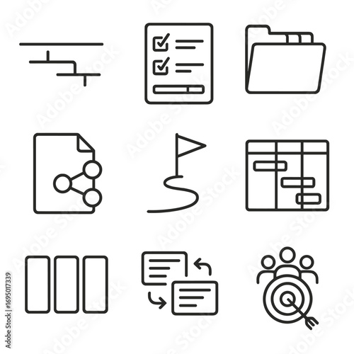 Project Management Icons. Line style icons of project organization elements: project timeline chart, checklist with progress bar,