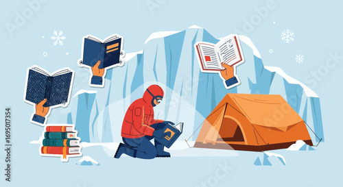 An illustration of a reader in winter clothing enjoying books in a snowy mountain landscape