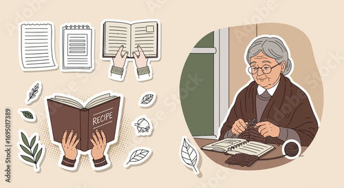 An illustration of an elderly woman knitting with a recipe book and reading notes