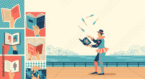 An illustration showcasing the joy of reading with a juggling clown by the sea 53 characters