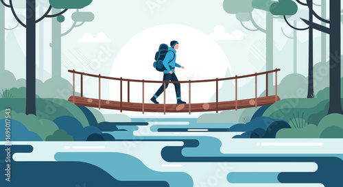 Illustration of a person walking across a bridge in a beautiful forest landscape