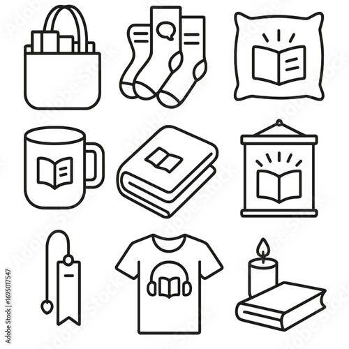 Book Lover's Essentials. Line style icons of book-themed lifestyle items: tote bag with books, socks with quotes icon, pillow with