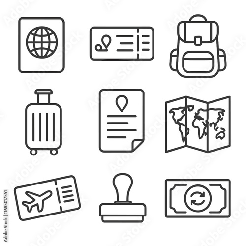 Travel Icons Collection. Line style icons of global travel essentials: passport with globe, boarding pass icon, travel backpack,