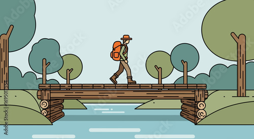 Illustration of a person walking across a wooden bridge in a serene natural environment