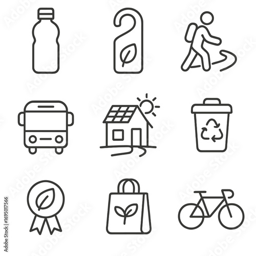 Eco Travel Icons. Line style icons of sustainable and eco travel: reusable water bottle, eco-friendly hotel tag, walking path icon