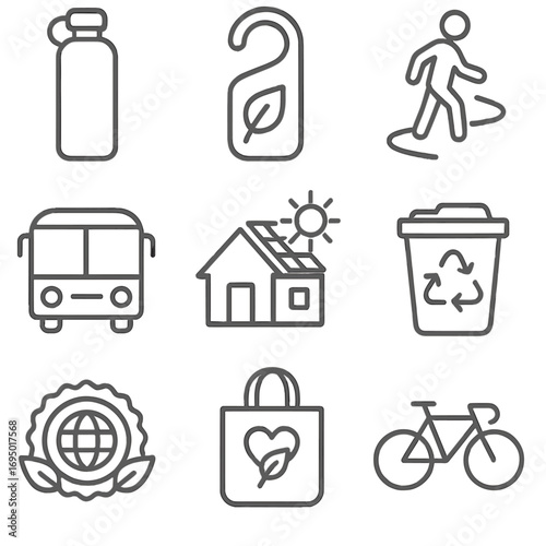 Eco Travel Icons. Line style icons of sustainable and eco travel: reusable water bottle, eco-friendly hotel tag, walking path icon