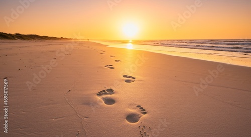 Wallpaper Mural Footprints in the sand at sunset with sun and ocean horizon Torontodigital.ca