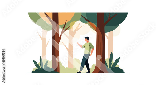 Illustration of a person walking in a forest with trees and sunshine through the trees