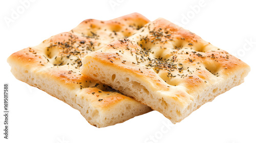 Baked focaccia bread with olive oil and spices on white background 
