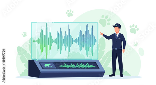 Analyzing Animal Sounds: Scientist Examining Frequency Patterns on Advanced Display Technology