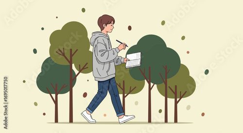 Illustration of a person walking outside holding a notebook and pen and writing