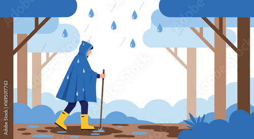 Illustration of a person wearing a raincoat walking through the forest during a rain shower