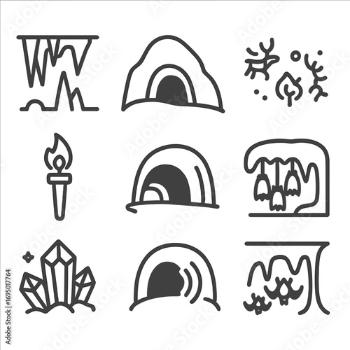 Cave Icon Collection. Line style icons of caves and underground sites: stalactite and stalagmite, cave mouth in hill, torch inside