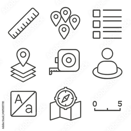 Map Tool Icons. Line style icons of map tools and symbols: ruler for distance, pin cluster icon, map legend symbol, location icon