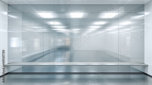 Empty white interior with glossy wall and tile floor – modern clean space concept